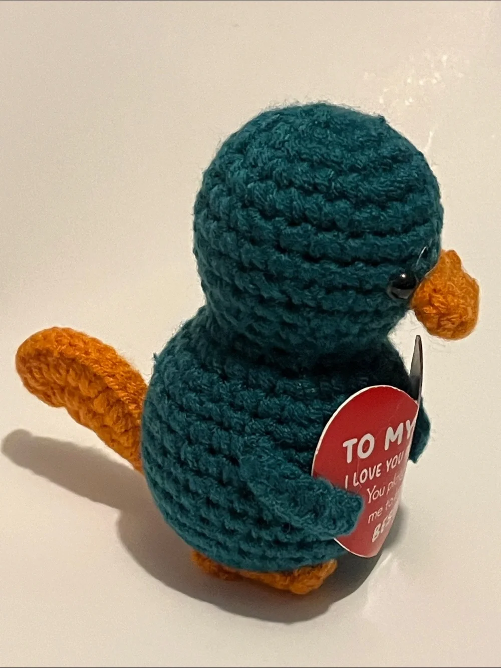 Hand Crafted Teal Plush Bird with Orange Beak and Heart